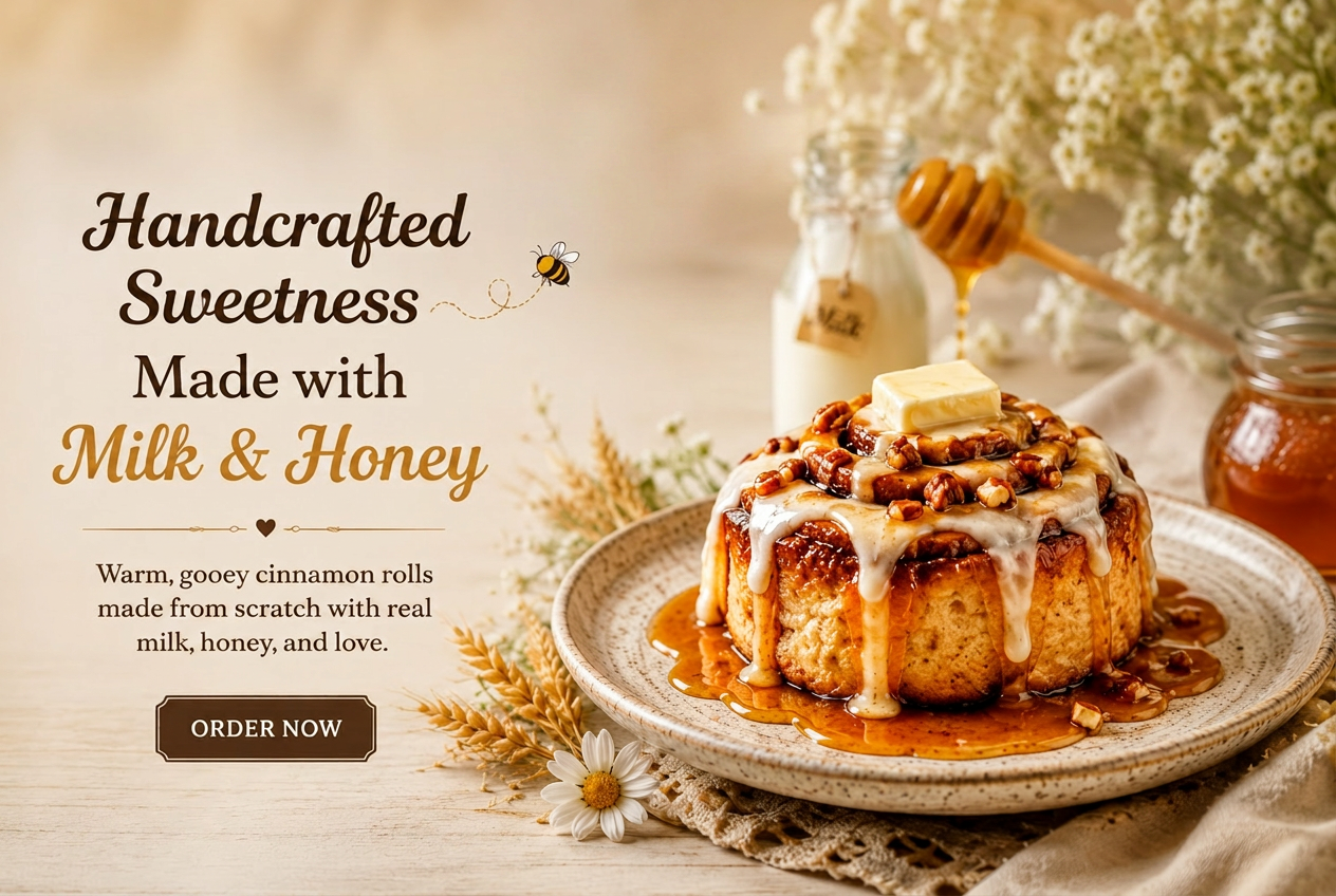 Caramel pecan cinnamon roll with melting butter, milk bottle and honey jar in the background